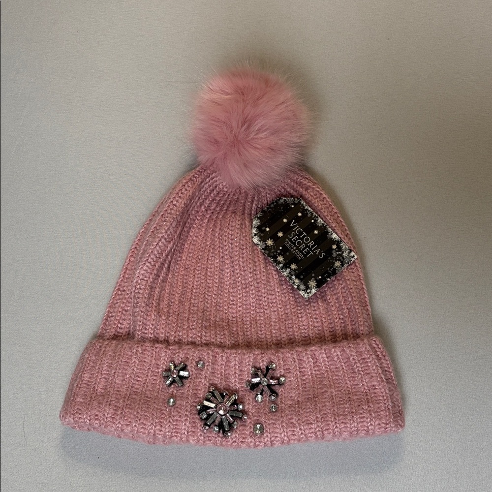 Victoria's Secret NWT Pink Beanie with Pom Pom and Embellishments